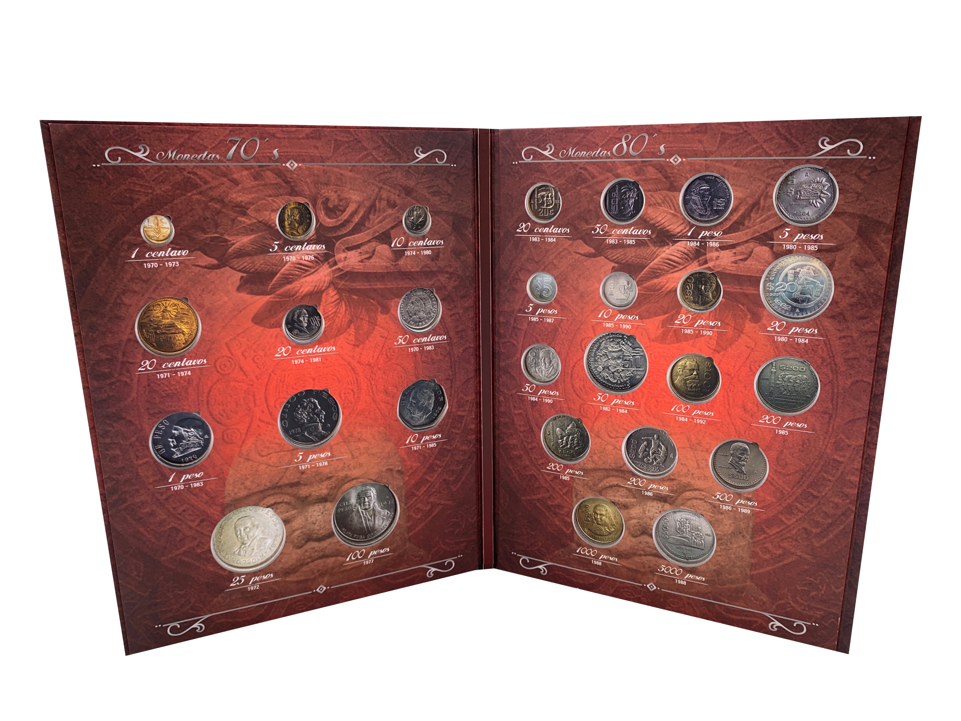 Álbum coleccionador de monedas mexicanas de las décadas de 1970 y 1980, con capacidad para 28 monedas de varias denominaciones, diseño de pasta dura con letras metalizadas doradas y funda protectora. Álbum coleccionador de monedas mexicanas de las décadas de 1970 y 1980, con capacidad para 28 monedas de varias denominaciones, diseño de pasta dura con letras metalizadas doradas y funda protectora.